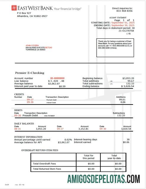 Modelo realista de extrato de conta da Cisjordânia Leste dos EUA em Word e PDF